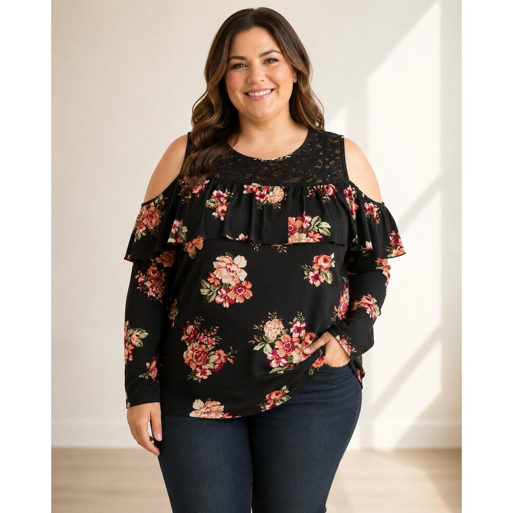 No Comment Plus 2X Floral Cold Shoulder‎ Lace Yoke Top NWT